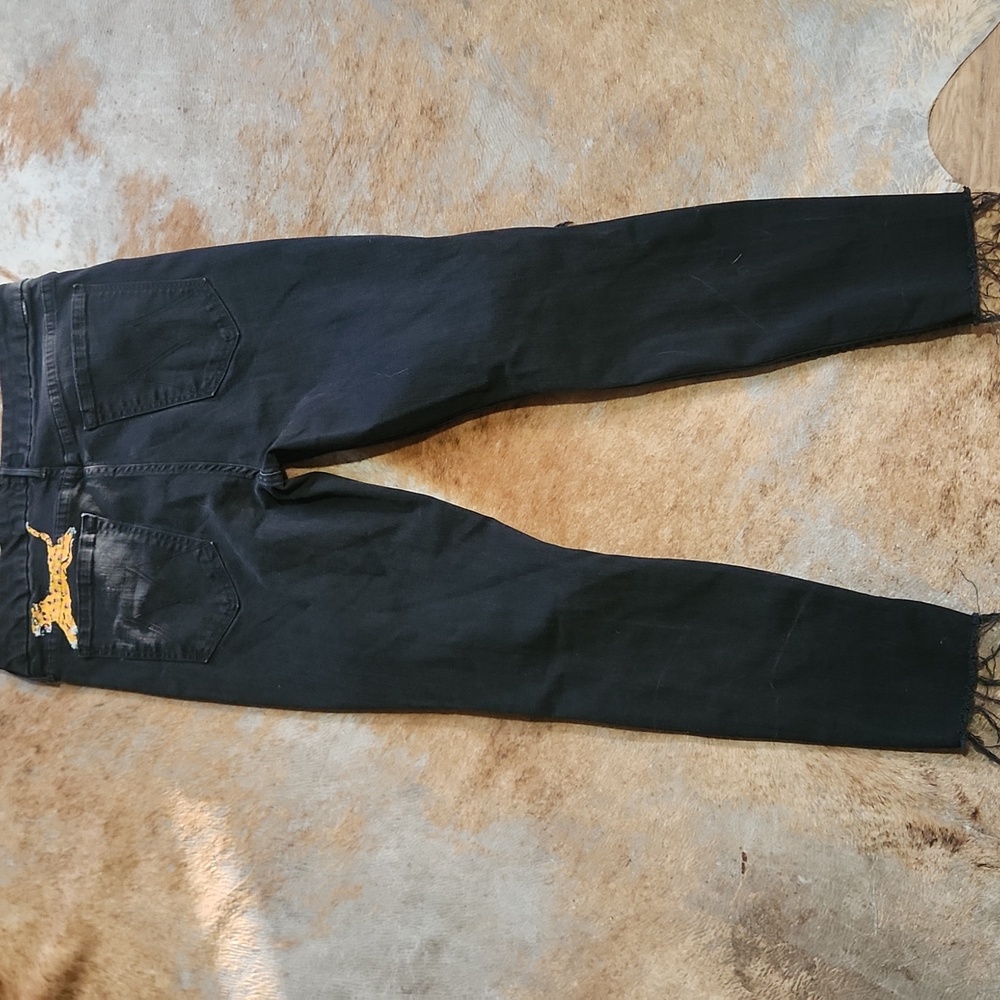 Mother The Looker Ankle Fray Black Denim Designer Jeans Painted Cheetah Size 31